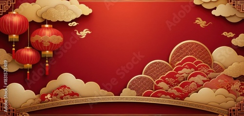 A rich red background adorned with hanging traditional Chinese lanterns golden clouds and intricate cultural patterns