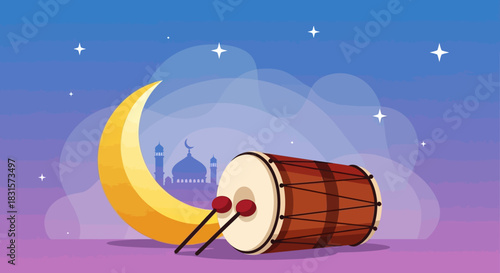 Colorful Ramadan Drum with Mallets and Crescent Moon.