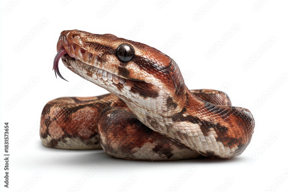 Obraz premium Rainbow boa displays its vibrant colors and flicking tongue while coiled in a natural pose, showcasing unique texture and patterns