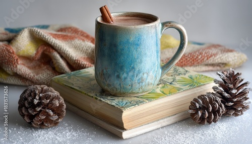 Ceramic mug filled with hot beverage rests atop stacked books alongside pinecones and soft textile