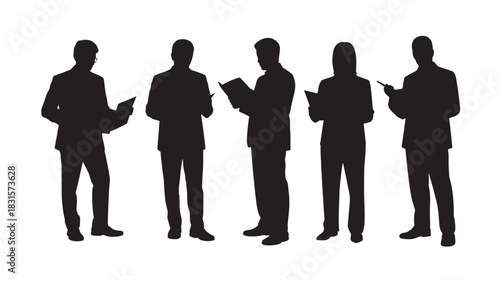 Silhouettes of diverse business people reading documents and using smartphones vector illustration isolated on white representing modern communication and teamwork
