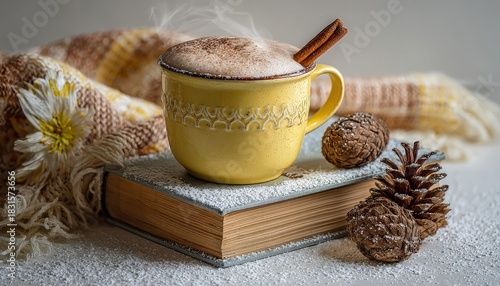Warm beverage topped with foam and cinnamon rests on a closed book beside pinecones and soft fabric