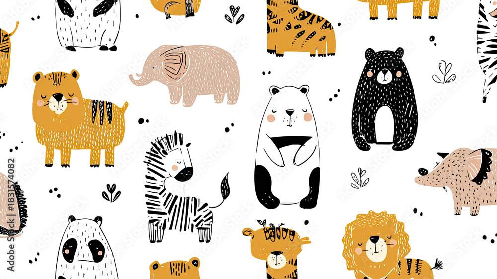 Fototapeta premium Seamless vector cartoon pattern with cute baby zoo animals: lion, giraffe, elephant, tiger, and zebra set illustration for jungle safari collection drawing