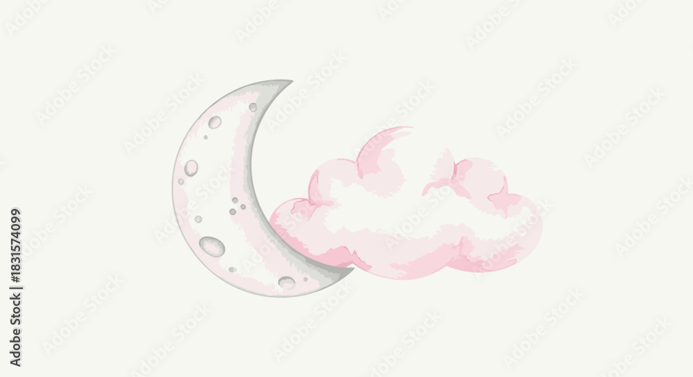 Fototapeta premium A charming watercolor illustration features a soft pink cloud nestled beside a gentle crescent moon, perfect for serene nursery decor or dreamy children's designs.