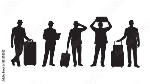 Silhouette of travelers with luggage vector illustration of people with suitcases isolated on white background