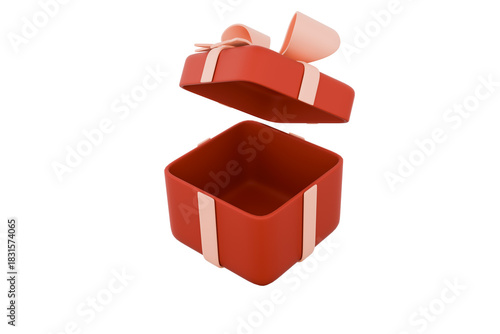 Open red Christmas gift box with an inner golden glow and white ribbon