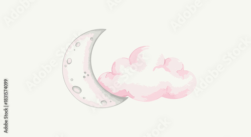 A charming watercolor illustration features a soft pink cloud nestled beside a gentle crescent moon, perfect for serene nursery decor or dreamy children's designs.