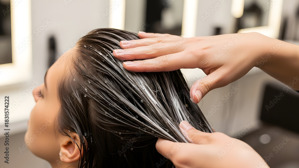 Naklejka premium Hairdresser applying conditioner to woman's wet hair in a salon