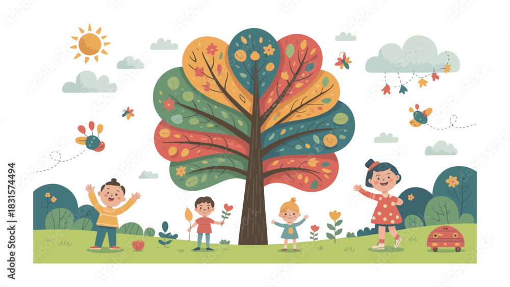 Naklejka premium Joyful Moments in the Playful Park: A charming illustration capturing the carefree spirit of children playing outdoors on a bright day.