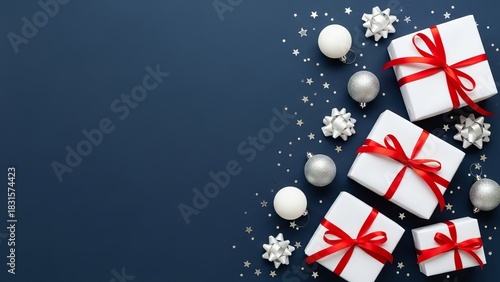 Christmas Gifts with Red Ribbons and Ornaments on Blue Background