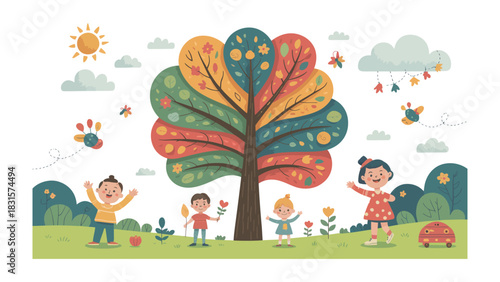 Joyful Moments in the Playful Park: A charming illustration capturing the carefree spirit of children playing outdoors on a bright day.