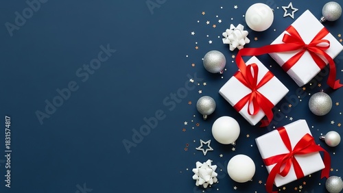 Christmas Gifts with Red Ribbons and Ornaments on Blue Background