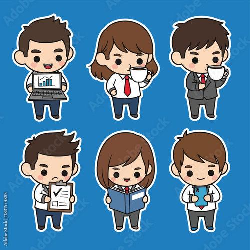 Cute kawaii office worker sticker pack featuring characters with laptops, coffee cups, and planners. Perfect for digital planning, workplace themes, and sticker collections