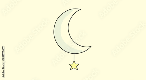 A charming minimalist illustration features a pale crescent moon with a delicate yellow star dangling below, set against a soft, serene background.
