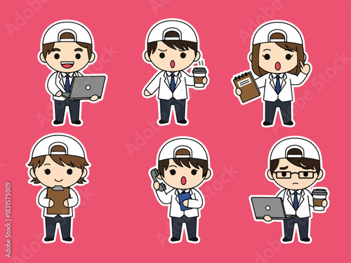 Cute kawaii office worker sticker pack featuring characters with laptops, coffee cups, and planners. Perfect for digital planning, workplace themes, and sticker collections