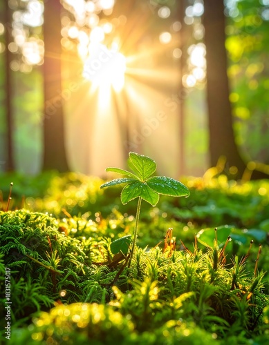 Close-up of a small plant with vibrant green leaves emerging from a bed of moss, lit by bright sunlight filtering through trees