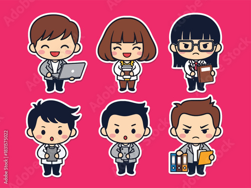 Cute kawaii office worker sticker pack featuring characters with laptops, coffee cups, and planners. Perfect for digital planning, workplace themes, and sticker collections