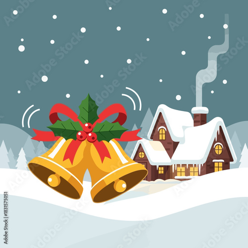 Golden Christmas Bells with Holly and Red Ribbon Decoration.