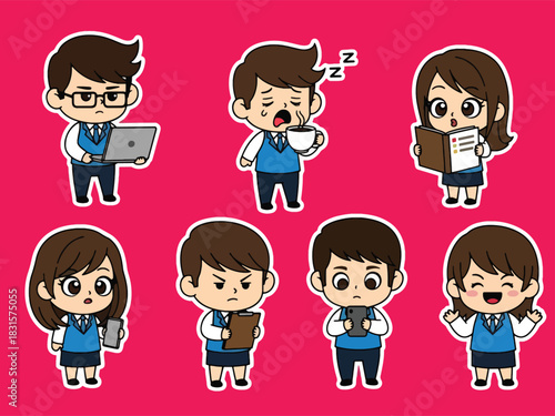 Cute kawaii office worker sticker pack featuring characters with laptops, coffee cups, and planners. Perfect for digital planning, workplace themes, and sticker collections