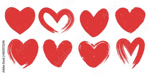 Red hearts silhouettes set with grunge and bold brushstroke texture isolated on white background. Vector illustration.