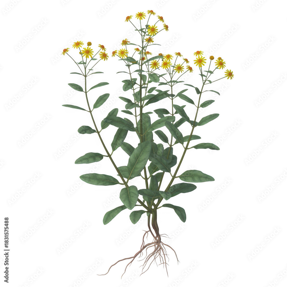 Fototapeta premium Tall green plant with yellow flowers and visible root system isolated on a transparent background