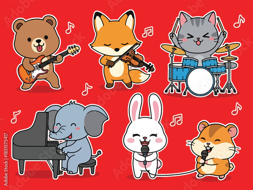 Cute kawaii musicians sticker set including guitar, piano, drums, violin, and singing characters. Perfect for music lovers, planners, and creative sticker themes