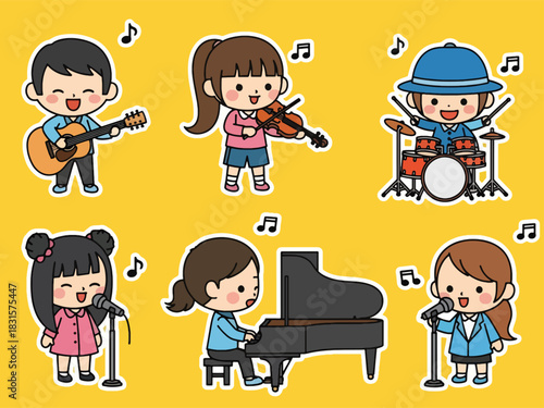 Cute kawaii musicians sticker set including guitar, piano, drums, violin, and singing characters. Perfect for music lovers, planners, and creative sticker themes