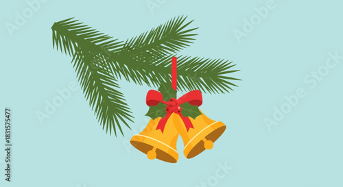 Festive Christmas Bells with Holly and Pine Branch Decoration.