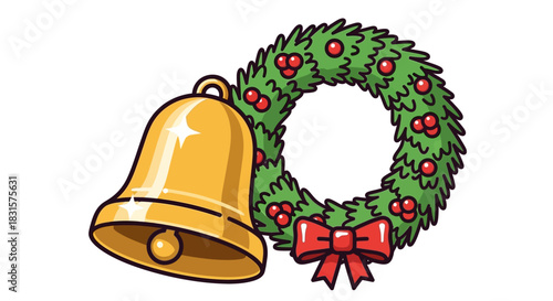 Festive Christmas Bell and Wreath Decoration with Red Bow.