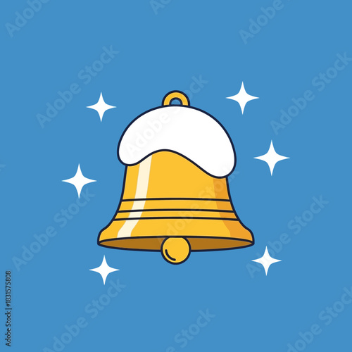 Golden Christmas Bell with Snow and Stars on Blue Background.