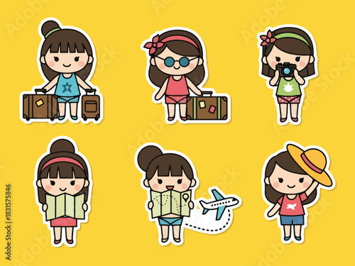 Cute kawaii traveler sticker set with suitcases, maps, cameras, and passports. Ideal for travel diaries, planning apps, and adventure-themed sticker collections