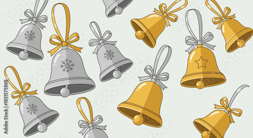 Festive Bells Pattern: Silver and Gold Holiday Decorations.