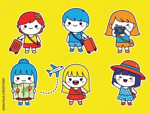 Cute kawaii traveler sticker set with suitcases, maps, cameras, and passports. Ideal for travel diaries, planning apps, and adventure-themed sticker collections