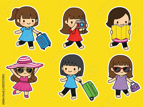 Cute kawaii traveler sticker set with suitcases, maps, cameras, and passports. Ideal for travel diaries, planning apps, and adventure-themed sticker collections
