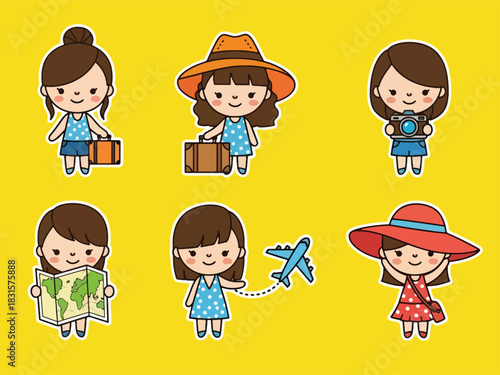 Cute kawaii traveler sticker set with suitcases, maps, cameras, and passports. Ideal for travel diaries, planning apps, and adventure-themed sticker collections