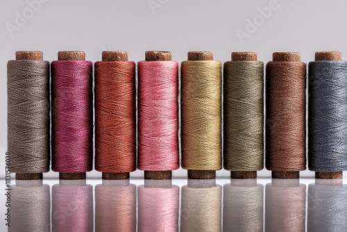 Colorful spools of sewing thread arranged in a row on a white surface under soft lighting showcasing their sheen and texture