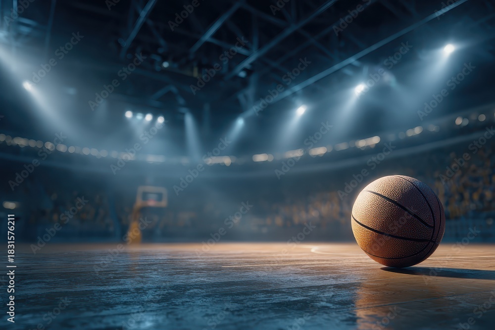 Obraz premium Basketball resting on court with dramatic spotlights illuminating the empty arena during a quiet moment before the game in the evening