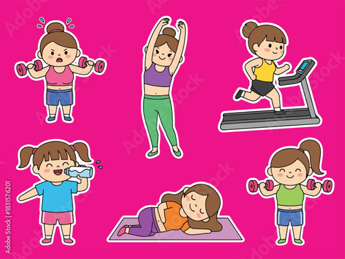 Fun kawaii fitness sticker set with dumbbells, stretching, yoga, and workout expressions. Great for exercise planners, health tracking, and cute sticker collections