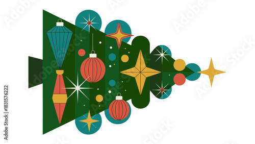 Festive Tree Decorations: A whimsical, flat illustration of a Christmas tree with various ornaments. This minimalist approach captures the spirit of the holidays with its bold shapes and colors.