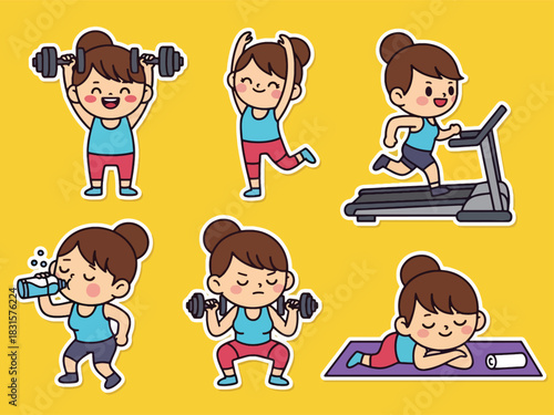Fun kawaii fitness sticker set with dumbbells, stretching, yoga, and workout expressions. Great for exercise planners, health tracking, and cute sticker collections