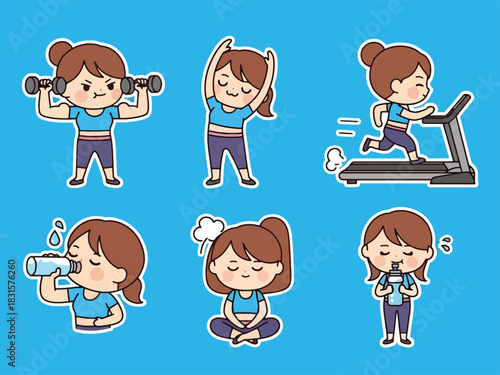 Fun kawaii fitness sticker set with dumbbells, stretching, yoga, and workout expressions. Great for exercise planners, health tracking, and cute sticker collections