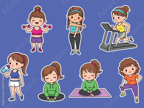 Fun kawaii fitness sticker set with dumbbells, stretching, yoga, and workout expressions. Great for exercise planners, health tracking, and cute sticker collections