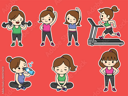 Fun kawaii fitness sticker set with dumbbells, stretching, yoga, and workout expressions. Great for exercise planners, health tracking, and cute sticker collections