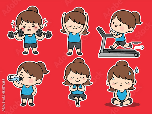 Fun kawaii fitness sticker set with dumbbells, stretching, yoga, and workout expressions. Great for exercise planners, health tracking, and cute sticker collections