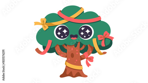 Happy Tree: A vibrant and cheerful illustration of a cute, cartoonish tree adorned with festive ribbons, exuding joy and positivity.