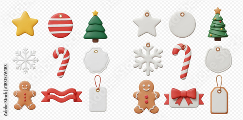 A collection of 3D rendered Christmas holiday elements and blank tags, including stars, trees, snowflakes, gingerbread men, candy canes, and ribbons.