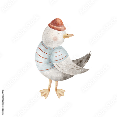 Sailor seagull in striped shirt red knitted hat. Watercolor illustrations birds doves seabirds hand-drawn in nautical children's style. Image isolated from background for design cards posters stickers