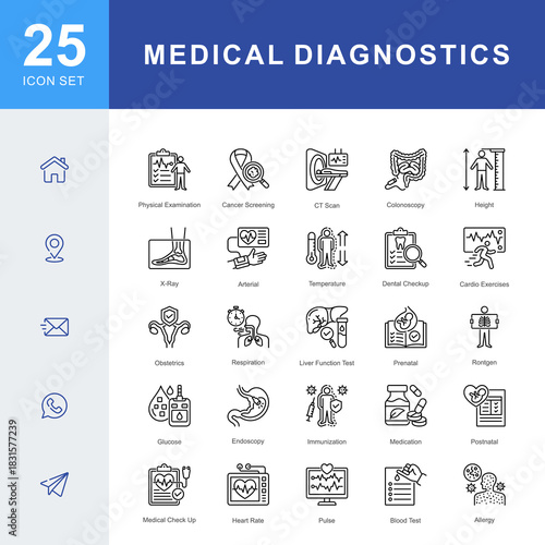 A medical diagnostics icon set featuring physical exams, cancer screening, CT scans, blood tests, x-ray imaging, immunization, endoscopy, prenatal care, and clinical evaluation procedures.