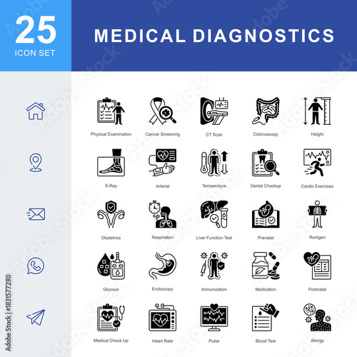 A medical diagnostics icon set featuring physical exams, cancer screening, CT scans, blood tests, x-ray imaging, immunization, endoscopy, prenatal care, and clinical evaluation procedures.