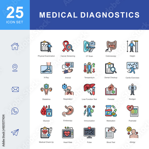 A medical diagnostics icon set featuring physical exams, cancer screening, CT scans, blood tests, x-ray imaging, immunization, endoscopy, prenatal care, and clinical evaluation procedures.
